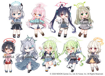 6+girls :d ahoge animal_ear_fluff animal_ears aoba_(blue_archive) aran_sweater ayane_(blue_archive) bag black_boots black_hair black_shirt black_shoes black_skirt blue_archive blue_eyes blue_jacket blue_shoes blue_skirt blue_sweater blush boots braid brown_boots brown_eyes brown_hair brown_skirt brown_socks cable_knit cat_ears chibi clothing_cutout collared_shirt commentary_request denim denim_skirt dress dress_shirt fishnet_thighhighs fishnets frilled_shirt frills glasses green_eyes grey_dress grey_hair grey_shirt grey_shorts grey_socks hair_between_eyes hair_bun hair_ornament hairclip halo handbag heterochromia highres hikari_(blue_archive) holding holding_bag hoshino_(blue_archive) jacket jako_(jakoo21) kneehighs lace-up_boots layered_sleeves long_hair long_sleeves loose_socks multiple_girls nonomi_(blue_archive) nozomi_(blue_archive) open_clothes open_jacket open_mouth orange_eyes pink_hair pink_jacket plaid_clothes plaid_shorts pleated_dress pleated_skirt puffy_long_sleeves puffy_sleeves red-framed_eyewear red_eyes sample_watermark serika_(blue_archive) shiroko_(blue_archive) shiroko_terror_(blue_archive) shirt shoes short_over_long_sleeves short_sleeves shorts shoulder_bag shoulder_cutout single_side_bun single_thighhigh skirt sleeves_past_wrists smile socks sweater thighhighs twintails very_long_hair watermark white_background white_shirt white_skirt white_socks white_thighhighs wolf_ears
