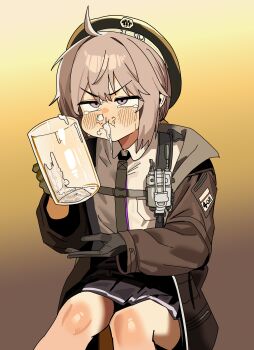 1girl absurdres ahoge black_gloves black_hat black_necktie black_skirt blush brown_jacket cheek_bulge chest_strap chewing cheyanne_(girls'_frontline_2) closed_mouth commentary cum cum_in_container cum_in_cup cum_in_mouth cup english_commentary flat_chest girls'_frontline girls'_frontline_2:_exilium gloves gokkun grey_hair hair_between_eyes hat highres holding holding_cup jacket knees m200_(girls'_frontline) medium_hair miniskirt mug necktie open_clothes open_jacket pleated_skirt ponytail purple_eyes rolling_eyes ruppu shirt sitting skirt snot solo stray_pubic_hair teardrop walkie-talkie white_shirt