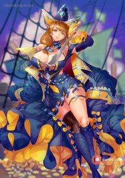 1girl alternate_costume armpits black_boots black_dress black_thighhighs boots breasts brown_eyes brown_hair cleavage conope dress earrings fire_emblem fire_emblem_engage goldmary_(fire_emblem) halloween halloween_costume hat holding holding_sword holding_weapon huge_breasts jewelry knee_boots large_breasts long_hair long_sleeves looking_at_viewer nintendo on_ship orange_dress pirate pirate_costume pirate_hat pirate_ship red_nails single_thighhigh skindentation smile sword thick_thighs thigh_strap thighhighs thighs weapon yellow_eyes