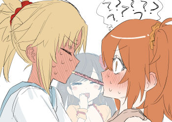 3girls ? absurdres blonde_hair blue_sailor_collar blush brown_hair closed_eyes dress fate/grand_order fate_(series) food food_in_mouth fujimaru_ritsuka_(female) hair_ornament hair_scrunchie hands_on_another&#039;s_shoulders highres imminent_pocky_kiss long_hair looking_at_another mata_hari_(fate) mordred_(fate) mordred_(swimsuit_rider)_(fate) mordred_(swimsuit_rider)_(second_ascension)_(fate) multiple_girls nakamoto_(kutqbqre) nervous orange_eyes orange_hair pocky pocky_in_mouth ponytail profile red_scrunchie sailor_collar scrunchie shirt short_hair side_ponytail simple_background speech_bubble sweat tan thought_bubble white_background white_shirt yellow_dress yellow_scrunchie yuri