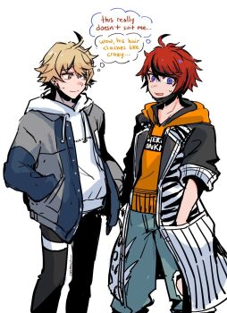 2boys ahoge black_coat black_pants black_streaks blonde_hair blue_eyes blue_pants brown_eyes cheppo coat commentary cosplay costume_switch cowboy_shot crossover english_commentary english_text grey_jacket hands_in_pockets highres hood hood_down hoodie jacket kanade_rindo looking_at_another looking_to_the_side male_focus mask mouth_mask multicolored_coat multicolored_hair multiple_boys orange_hoodie pants red_hair shin_subarashiki_kono_sekai short_hair simple_background speech_bubble streaked_hair subarashiki_kono_sekai sumino_takumi sweatdrop the_hundred_line_-last_defense_academy- thought_bubble two-tone_coat white_background white_coat white_hoodie