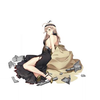 1girl backless_dress backless_outfit belt black_dress black_headband blonde_hair blush breasts dress earrings full_body gold_shoes green_eyes hair_ornament headband high_heels highres jewelry large_breasts long_hair looking_at_viewer missouri_(warship_girls_r) official_alternate_costume official_art shoes silver_belt solo torn_clothes torn_dress transparent_background warship_girls_r zi_se