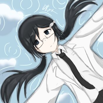 1girl absurdres black_eyes black_hair closed_mouth fish fish_hair_ornament glasses hair_ornament highres lab_coat long_hair long_sleeves lying shimeji_simulation solo tsukishima_shijima&#039;s_sister twintails water_background