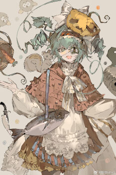 1girl animal animal_on_shoulder apron aqua_eyes aqua_hair bandaid bandaid_on_cheek bandaid_on_face basket bee_print bird bow bowtie capelet carrot chinese_commentary collared_shirt commentary_request cowboy_shot dot_nose drill_hair drinking_straw eyelashes eyepatch fish floral_print frilled_hairband frilled_shirt frilled_skirt frills grey_background hair_bow hair_ornament hairband highres jack-o'-lantern jack-o'-lantern_hair_ornament knife lace-trimmed_bow lace_trim long_sleeves looking_at_viewer miniskirt open_mouth original outstretched_hand plaid_hairband puffy_long_sleeves puffy_sleeves red_capelet red_hairband red_skirt shirt short_hair short_twintails skirt smile solo squirrel striped_bow striped_bowtie striped_clothes striped_skirt twin_drills twintails vertical-striped_clothes vertical-striped_skirt vihua6 watermark weibo_watermark white_apron white_bow white_bowtie white_shirt