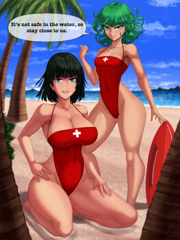 Rule 34 | 2girls, ankle strap, armpits, arms up, artist name, ass, bare legs, bare shoulders, barefoot, beach, black hair, blue sky, breasts, cleavage, collarbone, covered navel, curly hair, curvy, english text, feet, fubuki (one-punch man), full body, green eyes, green hair, highleg, highleg one-piece swimsuit, highres, huge ass, kneeling, large breasts, lifeguard, lips, looking at viewer, matching hair/eyes, multiple girls, one-piece swimsuit, one-punch man, red one-piece swimsuit, rocky-ace, short hair, siblings, sisters, sky, small breasts, standing, swimsuit, tatsumaki, thighs, toes, water, wide hips