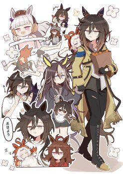 6+girls ahoge alternate_costume animal_ears baby black_hair brown_hair carrying carrying_baby carrying_person chibi child child_carry coat commentary_request dream_journey_(umamusume) ear_covers family fenomeno_(umamusume) glasses goggles goggles_around_neck gold_ship_(umamusume) hair_between_eyes highres horse_ears horse_girl horse_tail long_hair long_sleeves meni_shuki_rush-sshu! multicolored_hair multiple_girls nakayama_festa_(umamusume) orfevre_(umamusume) parent_and_child pillbox_hat rere0_0tu shirt short_sleeves siblings speech_bubble stay_gold_(umamusume) stay_gold_clan_(umamusume) tail translation_request umamusume white_hair white_shirt yellow_coat