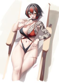 1girl arm_tattoo bare_arms bare_legs bare_shoulders beach beach_chair bikini black_bikini black_choker black_hair breast_tattoo breasts chair chest_tattoo choker cleavage commentary day ear_piercing eating english_commentary feet_out_of_frame food food_in_mouth from_above hair_intakes halterneck highres holding holding_food holding_popsicle jewelry large_breasts legs licking looking_at_viewer looking_up lounge_chair melting melting_popsicle multi-strapped_bikini_bottom multi-strapped_bikini_top navel navel_piercing o-ring o-ring_bikini o-ring_bottom on_chair open_mouth original outdoors piercing popsicle popsicle_stick red-framed_eyewear red_bikini red_streaks sand scar scar_on_leg semi-rimless_eyewear short_hair shoulder_tattoo side-tie_bikini_bottom signature smile solo stomach swimsuit tattoo thick_thighs thighs tongue_piercing whitter yellow_eyes zipper_bikini
