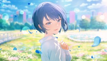 1girl blue_eyes blue_hair blue_petals blue_sky blurry blurry_background bokeh cloud colorful_palette depth_of_field game_cg grass highres itsuka_hanasaku_stage_e_(project_sekai) kiritani_haruka lips looking_at_viewer official_art outdoors project_sekai shirt sky smile solo third-party_source tongue tree white_shirt