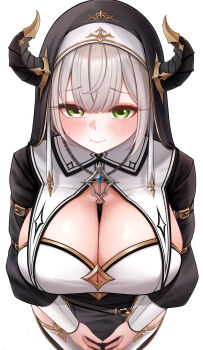 1girl absurdres black_dress black_veil blush breasts cleavage closed_mouth demon_horns dress green_eyes grey_hair highres hololive horns large_breasts long_hair looking_at_viewer nun official_alternate_costume ruo1001 shirogane_noel shirogane_noel_(battle_nun) solo thighhighs veil virtual_youtuber white_thighhighs