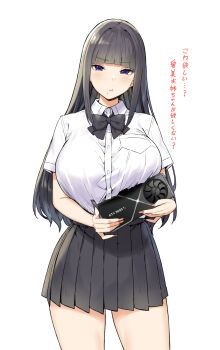1girl aimi_(sky-freedom) black_bow black_bowtie black_hair black_skirt blunt_bangs bow bowtie breasts closed_mouth collared_shirt cowboy_shot graphics_card highres large_breasts long_hair looking_at_viewer mole mole_under_mouth nvidia original pout purple_eyes shirt shirt_tucked_in short_sleeves simple_background skirt sky-freedom solo thighs translation_request white_background white_shirt