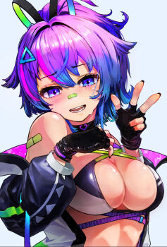 1girl bandaid bandaid_on_face bandaid_on_nose bandaid_on_shoulder bikini black_bikini black_gloves black_jacket blue_hair breasts cleavage fingerless_gloves gloves jacket large_breasts long_hair melody_(projektmelody) melody_(projektmelody)_(summer) multicolored_bikini open_mouth pink_hair pink_jacket ponytail purple_hair smile solo swimsuit tadpole_flavor thighhighs two-sided_fabric two-sided_jacket two-tone_bikini virtual_youtuber vshojo white_bikini