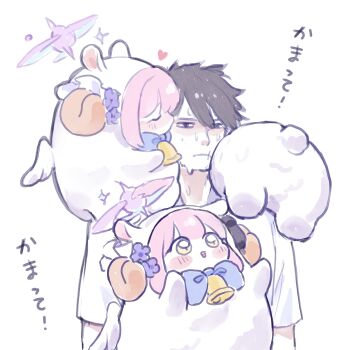 Rule 34 | <o> <o>, 1boy, 3girls, absurdres, animal costume, bell, blue archive, blue bow, blue bowtie, blush, bow, bowtie, chibi, chibi on shoulder, climbing, ekoru, feathered wings, halo, hands up, heart, highres, looking at another, looking at viewer, looking up, mika (blue archive), multiple girls, neck bell, on shoulder, pink hair, pink halo, sensei (blue archive), shaded face, short hair, sidelocks, sparkle, sweat, translation request, white wings, wings, yellow eyes