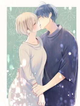 Rule 34 | 1boy, 1girl, ahoge, black shirt, blonde hair, blue hair, breasts, closed eyes, commentary request, dress, french kiss, hachiya nanao, hetero, holding another's wrist, kiss, medium breasts, original, oversized clothes, shirt, short hair, sweater, sweater dress, tongue