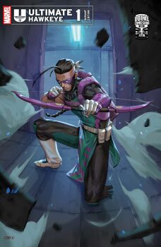 Rule 34 | 1other, absurdres, aiming, aiming at viewer, aqua loincloth, arrow (projectile), avengers (series), black hair, bodysuit, boots, bow (weapon), braid, character name, charli ramsey, comic cover, company name, copyright logo, copyright name, cover, cover page, dark skin, dust, ejikure, english text, feather hair ornament, feathers, fringe trim, gloves, hair ornament, hawkeye (marvel), highres, holding, holding bow (weapon), holding weapon, indoors, logo, long hair, looking at viewer, marvel, motion blur, muscular other, native american, no pupils, official art, on one knee, pelvic curtain, quiver, solo, superhero costume, undercut, weapon, white boots