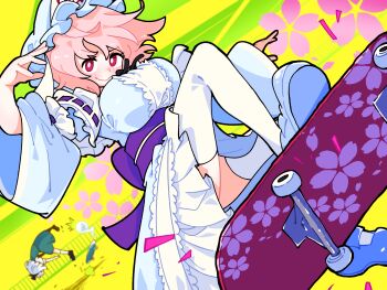 2girls ^^^ black_ribbon blue_hat blue_kimono blue_shoes blush breasts bright_pupils center_frills commentary floral_print frilled_hat frills gram_9 hat highres japanese_clothes kimono konpaku_youmu konpaku_youmu_(ghost) large_breasts looking_at_viewer mob_cap multiple_girls neck_ribbon pink_hair railing red_eyes ribbon rooftop saigyouji_yuyuko shoes skateboard skateboarding smile thighhighs touhou tripping white_pupils white_thighhighs wide_sleeves