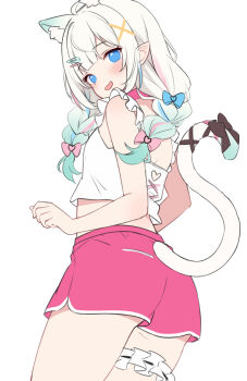 1girl ahoge animal_ear_fluff animal_ears ass bare_arms blue_bow blue_eyes bow braid camisole cat_ears cat_girl cat_tail clothing_cutout commentary crop_top densetsu.exe dolphin_shorts english_commentary fang from_behind from_below gradient_hair green_hair hair_bow hair_ornament heart heart_hair_ornament highres hitsukuya long_hair looking_at_viewer looking_back looking_down low_twintails midriff mint_fantome multicolored_hair pink_bow pink_shorts short_shorts shorts simple_background solo tail tail_through_clothes twin_braids twintails virtual_youtuber white_background white_camisole white_hair x_hair_ornament