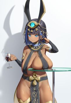 1girl absurdres alcohol ancient_egyptian animal_ears black_hair black_nails black_sleeves blue_eyes blue_hair blunt_bangs bob_cut breast_rest breasts closed_mouth covered_erect_nipples cowboy_shot cup dark-skinned_female dark_skin detached_sleeves drinking_glass earrings egyptian_mythology glass_table hair_ornament hand_up highres holding holding_cup hoop_earrings huge_breasts jackal_ears jewelry looking_at_viewer manda_(luts7602) multicolored_hair nail_polish pelvic_curtain revealing_clothes sagging_breasts set_(mythology) short_hair solo standing table two-tone_hair wine_glass