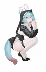 Rule 34 | 1girl, alternate costume, animal ears, bare hips, black footwear, blue archive, blue eyes, blue hair, breasts, collar, crossed bangs, flippy (cripine111), frills, full body, halo, high heels, highres, holding, holding collar, light blue hair, looking at viewer, multicolored eyes, multicolored tail, nun, pink eyes, shigure (blue archive), sideboob, simple background, solo, tail, thigh strap, thighhighs, veil, weasel ears, weasel girl, weasel tail, white background