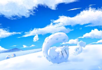 alolan_form alolan_vulpix animal_focus blue_eyes blue_sky chien-pao cloud fangs fox gen_3_pokemon gen_5_pokemon gen_7_pokemon highres natu_a0z0ra nintendo no_humans open_mouth outdoors pokemon pokemon_(creature) pokemon_focus sky smile snow snow_leopard spheal tundra tusks vanillite white_fur