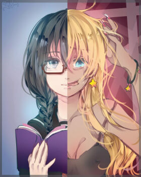 1girl age_difference angel62537 artist_name black_serafuku black_shirt black_tank_top blonde_hair blue_background book border bracelet braid breasts closed_mouth collarbone commentary_request covered_erect_nipples crazy_eyes crazy_smile crying crying_with_eyes_open dark-skinned_female dark_skin earrings emergence_(shindol) english_text furrowed_brow grey_border gyaru hair_between_eyes hand_in_own_hair highres holding holding_book jewelry long_bangs long_hair looking_at_viewer medium_breasts messy_hair mind_break official_alternate_skin_color open_mouth pink_lips red-framed_eyewear red_background school_uniform semi-rimless_eyewear serafuku shirt smile solo split_screen split_theme star_(symbol) star_bracelet star_earrings tan tank_top tears tongue tongue_out two-tone_background upper_body white_trim yoshida_saki