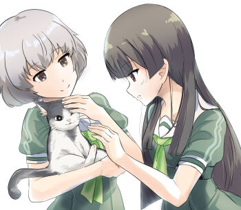 Rule 34 | 2girls, animal, blunt bangs, brown eyes, brown hair, cat, closed mouth, commentary request, dress, green dress, green neckerchief, grey hair, heijou institute school uniform, highres, holding, holding animal, iwakura sanae, juujou hiyori, long hair, looking at animal, mashitono desu, multiple girls, neckerchief, sailor collar, school uniform, short hair, short sleeves, simple background, smile, standing, toji no miko, white background, white sailor collar