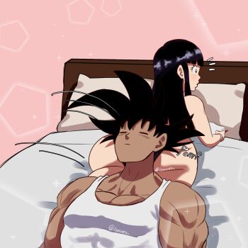 1boy 1girl absurdres ass_pillow bed black_eyes black_hair blush chi-chi_(dragon_ball) couple dragon_ball head_on_ass highres husband_and_wife long_hair lying_on_ass muscular muscular_male pillow son_goku surprised tank_top