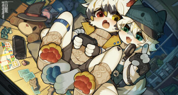 2boys animal_hands beanie blue_eyes blue_hat brown_sweater commentary_request controller fang furry furry_male game_controller hat heterochromia holding holding_controller holding_game_controller jacket kotoba_(1074421015) male_focus multiple_boys open_mouth original playing_games red_eyes short_hair short_shorts shorts skin_fang sweater white_hair white_jacket yaoi yellow_eyes