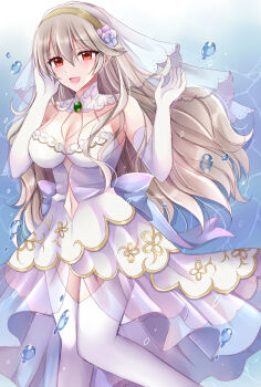 Rule 34 | 1girl, :d, armpits, bare shoulders, blue flower, blush, breasts, bride, brown hair, brown hairband, cleavage, clothing cutout, commentary request, dress, elbow gloves, feet out of frame, female corrin (fire emblem), fire emblem, fire emblem fates, flower, gloves, hair between eyes, hairband, hands up, highres, kirishima riona, knees together feet apart, large breasts, long hair, looking at viewer, navel, navel cutout, nintendo, open mouth, pantyhose, pink flower, red eyes, see-through clothes, smile, solo, standing, standing on one leg, thighs, veil, very long hair, water, water drop, wedding dress, white dress, white gloves, white pantyhose