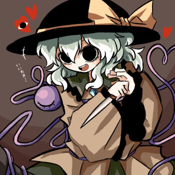 1girl black_eyes black_hat brown_background commentary_request contrast_collar green_hair green_skirt hair_between_eyes hat hat_ribbon heart heripantomorrow holding holding_knife knife komeiji_koishi long_sleeves looking_at_viewer open_mouth ribbon shirt skirt smile solo teeth third_eye touhou translation_request upper_teeth_only wide_sleeves yellow_ribbon yellow_shirt