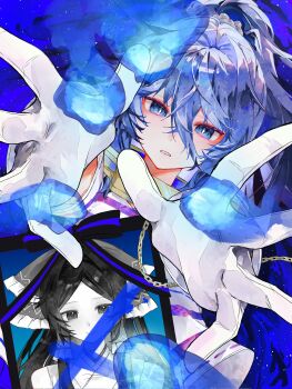 Rule 34 | 1girl, 5swcf1iy8k31657, blue eyes, blue fire, blue hair, bow, chain, chihaya (clothing), collar, cuffs, fire, frilled bow, frilled hair tubes, frills, gensokyo's first hakurei miko, gloves, hair tubes, highres, iei, japanese clothes, large bow, long hair, metal collar, miko, miyadeguchi mizuchi, photo (object), picture frame, ponytail, portrait (object), prison clothes, reaching, reaching towards viewer, shackles, shirt, striped clothes, striped shirt, touhou, white gloves