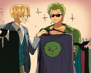 2boys ^_^ blonde_hair cigarette closed_eyes clothes_shop green_hair grin indoors male_focus marimo multiple_boys one_piece roronoa_zoro runa_(nori31291404) sanji_(one_piece) smile sunglasses trying_on_clothes