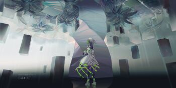 1girl artist_name bandaged_arm bandages bare_shoulders black_lips black_mask boots box chinese_commentary closed_mouth commentary_request cube dark-skinned_female dark_skin dress english_text expressionless eye_mask full_body green_dress green_hair green_sleeves grey_boots highres holding holding_box layered_sleeves mask mozer_(zerlinda) multicolored_hair original reflective_floor short_dress short_hair short_sleeves solo tree two-sided_dress two-sided_fabric two-sided_sleeves two-tone_hair very_dark_skin white_dress white_hair white_sleeves