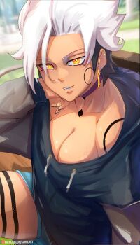 1girl asymmetrical_hair bench black_hair black_hoodie black_nails blue_pants blue_tongue blurry blurry_background body_markings breasts choker circle cleavage collarbone colored_bangs colored_tongue commentary day drawstring ear_piercing earrings english_commentary engrish_commentary fang fingernails glowing glowing_eyes gold_earrings grass hair_over_face highres hood hood_down hoodie jewelry looking_at_viewer medium_breasts messy_hair off_shoulder on_bench original pants park park_bench parted_lips patreon_logo patreon_username piercing polka_dot pov purple_choker sarulart seductive_smile shiny_skin short_hair short_shorts shorts sidewalk sitting smile solo thick_thighs thighs white_hair white_string yellow_eyes