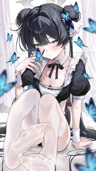 1girl absurdres black_dress black_hair blue_archive blue_butterfly blush breasts bug butterfly butterfly_hair_ornament cleavage commentary double_bun dress grey_eyes hair_bun hair_ornament halo hand_up highres insect kisaki_(blue_archive) knees_up layer_(shinobu) maid puffy_short_sleeves puffy_sleeves see-through_clothes see-through_legwear short_sleeves sitting square_neckline thighhighs thighs white_thighhighs wrist_cuffs