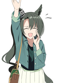 1girl absurdres animal_ears baasaku_(balasaku24) bag black_shirt blue_jacket breasts closed_eyes crown ear_through_crown ears_through_headwear facing_viewer green_hair hair_between_eyes highres horse_ears horse_girl horse_tail jacket long_hair long_sleeves multicolored_hair open_clothes open_jacket open_mouth satono_crown_(umamusume) shirt shoulder_bag shouting side_ponytail simple_background skirt smile solo streaked_hair tail umamusume white_background white_hair white_skirt