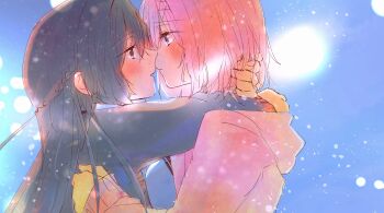 Rule 34 | 2girls, absurdres, amaori renako, ao (aymr6215), arms around neck, black hair, braid, commentary, eye contact, half up braid, highres, hood, hoodie, imminent kiss, koto satsuki, long hair, looking at another, medium hair, multiple girls, pink hair, pink hoodie, profile, purple eyes, red eyes, snowing, watashi ga koibito ni nareru wake naijan murimuri!, yuri