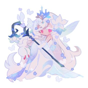 Rule 34 | 1girl, absurdly long hair, bare shoulders, blue flower, braid, bug, butterfly, closed mouth, colored eyelashes, commentary, cookie run, cookie run: kingdom, dot mouth, dot nose, double-parted bangs, dress, elbow gloves, expressionless, fairy wings, flower, full body, gloves, green wings, hair between eyes, hair flower, hair ornament, holding, holding staff, insect, invisible chair, leaf, long dress, long hair, looking at viewer, official alternate costume, official alternate hairstyle, pink eyes, reed, side braid, simple background, single braid, sitting, solo, staff, symbol-only commentary, very long hair, white background, white butterfly, white dress, white eyelashes, white flower, white gloves, white lily, white lily cookie, white lily cookie (moonflower faerie), wings