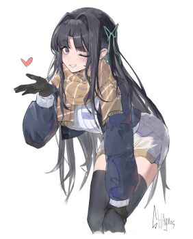 1girl absurdres awa_subaru black_gloves black_hair black_thighhighs blue_jacket blush breasts brown_scarf chinese_commentary commentary_request girls_band_cry gloves green_ribbon hair_intakes hair_ribbon heart highres jacket looking_at_viewer medium_breasts no_ahoge one_eye_closed open_clothes open_jacket open_mouth purple_eyes ribbon scarf shaymas shorts signature solo sweater thighhighs white_shorts white_sweater