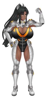 1girl 3d action_taimanin armor armored_boots black_leotard boots breasts clenched_hand dark-skinned_female dark_skin full_body high_ponytail highleg highleg_leotard highres large_breasts leotard long_hair looking_at_viewer mirabell_bell muscular muscular_female ponytail revealing_clothes shiny_skin standing taimanin_(series) thong_leotard transparent_background weapon wide_hips
