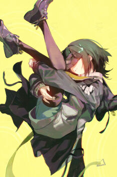 1girl arknights arknights:_endfield black_coat black_hair black_pantyhose black_shoes black_shorts coat commentary endministrator_(arknights) eye_mask female_endministrator_(arknights) full_body highres hood hood_down hooded_coat long_sleeves mask medium_hair pantyhose raneblu shoes shorts sleeves_past_wrists smile solo sweater turtleneck turtleneck_sweater white_sweater yellow_background