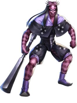 1boy artist_request black_hair blue_eyes claws clenched_hand colored_skin demon_(megami_tensei) highres holding holding_weapon horns legs_apart official_art oni persona persona_5 persona_5:_the_phantom_x purple_skin shin_megami_tensei solo standing striped_skin sui-ki_(megami_tensei) third-party_source transparent_background weapon