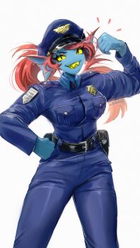 an-coinin bicep_curl blue_jacket blue_pants blue_skin breasts colored_sclera colored_skin cowboy_shot deltarune eyelashes fins grin hat head_fins highres holster jacket large_breasts long_hair orange_hair pants police police_hat police_uniform policewoman ponytail red_hair sharp_teeth simple_background smile teeth undyne utdr_(toby_fox) white_background yellow_sclera