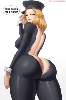 1girl ass boku_no_hero_academia breasts brown_eyes brown_hair butt_crack english_text from_behind full-length_zipper hat highres huge_ass large_breasts legs looking_back medium_hair open_mouth simple_background smile solo standing superbusty unzipped unzipped_bodysuit utsushimi_kemii white_background zipper