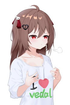 1girl absurdres ahoge breasts broken_heart broken_heart_hair_ornament cleavage closed_mouth commentary dcmec english_commentary evil_neuro-sama from_side grabbing_own_breast hair_between_eyes hair_ribbon heart highres long_hair neuro-sama puff_of_air red_eyes red_ribbon ribbon shirt short_sleeves simple_background small_breasts solo two_side_up upper_body vedal_ai virtual_youtuber white_background white_shirt