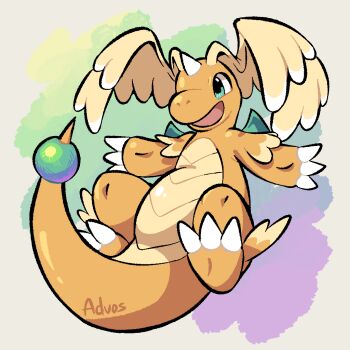 advos character_name claws colored_skin dragonite feathered_wings gen_1_pokemon green_eyes head_wings horns mega_dragonite nintendo open_mouth orange_skin pokemon pokemon_(creature) single_horn solo tail white_horns white_wings wings