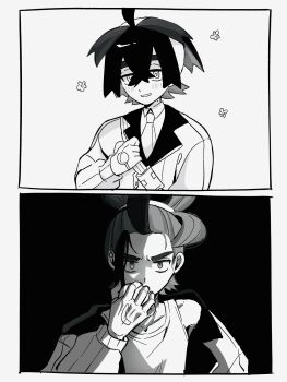 1boy collared_shirt crossed_bangs flower_symbol genkaichan_v gloves greyscale hair_between_eyes hairband highres holding holding_poke_ball jacket kieran_(pokemon) long_sleeves male_focus mole mole_on_neck monochrome multicolored_hair multiple_views nintendo open_clothes open_jacket open_mouth poke_ball pokemon pokemon_sv shirt simple_background tank_top upper_body