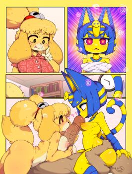 1boy 2girls absurdres animal_crossing animal_ears ankha_(animal_crossing) blonde_hair blue_hair breasts cat_ears cat_girl cat_tail clock commentary completely_nude cunnilingus dog_ears dog_girl dog_tail english_commentary eye_contact fellatio ffm_threesome furry furry_female furry_with_non-furry girl_on_top group_sex highres interspecies isabelle_(animal_crossing) looking_at_another medium_breasts multiple_girls nintendo nipples nude oral penis red_eyes red_shirt shirt short_hair slugbox sweat tail threesome uncensored