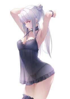 Rule 34 | 1girl, armpits, arms up, black bra, black choker, black panties, bra, breasts, choker, cleavage, closed mouth, commentary, cowboy shot, expressionless, grey hair, hair bun, hair intakes, hair tie in mouth, highres, lace, lace-trimmed bra, lace-trimmed choker, lace-trimmed panties, lace trim, long hair, looking at viewer, medium breasts, mouth hold, nightgown, original, panties, red hair, revision, saya kuroha, see-through clothes, simple background, single hair bun, sleeveless, solo, standing, thigh strap, thighs, twintails, underwear, white background, wrist cuffs
