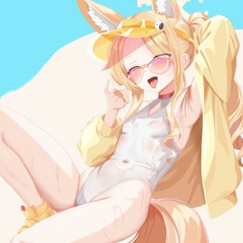 1girl absurdres animal_ear_fluff animal_ears blonde_hair blue_archive breasts clothing_cutout covered_navel cross_halo diamond_cutout fellatio_gesture fox_ears fox_girl fox_tail halo highleg highleg_one-piece_swimsuit highres hotaru_(pixiv77698829) jacket loli long_hair official_alternate_costume official_alternate_hairstyle one-piece_swimsuit orange-tinted_eyewear orange_eyes seia_(blue_archive) seia_(swimsuit)_(blue_archive) side_ponytail sitting small_breasts solo sunglasses swimsuit tail tinted_eyewear tongue tongue_out visor_cap wet white_one-piece_swimsuit yellow_halo yellow_jacket yellow_visor