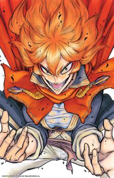 1girl black_clover blue_eyes blue_jacket capelet commentary english_commentary highres jacket long_hair mereoleona_vermillion official_art open_mouth orange_hair pants red_capelet shirt tabata_yuuki teeth white_pants white_shirt